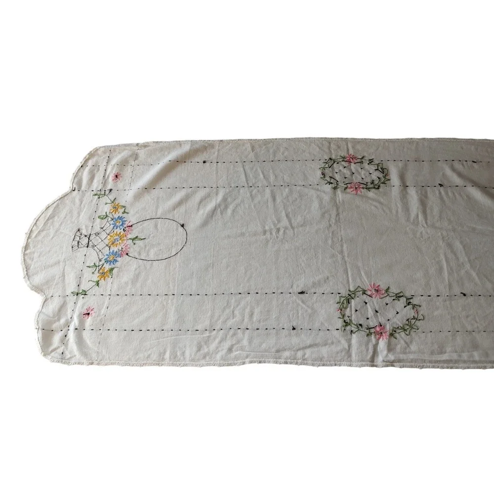 Vintage Handmade Embroidered Table Runner Dresser Runner Floral 43x15.75 In SEE